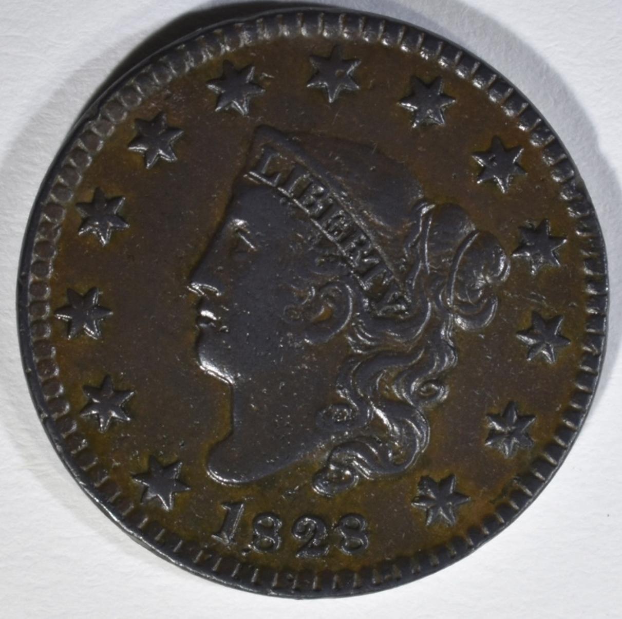 1828 LARGE CENT, SMALL WIDE DATE, XF SCARCE!