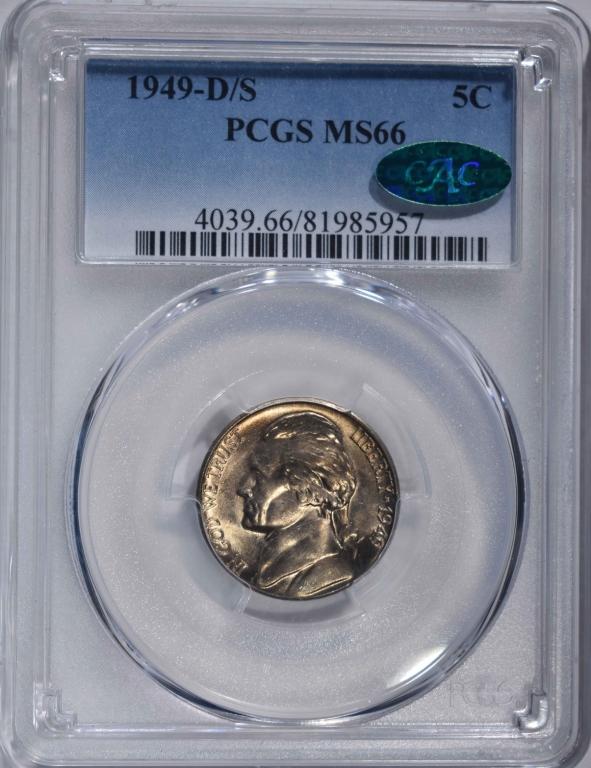 1949-D/S JEFFERSON NICKEL, PCGS MS-66 CAC!