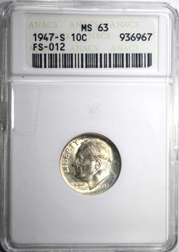 1947-S ROOSEVELT DIME, ANACS MS-63 FS-012 SCARCE!!