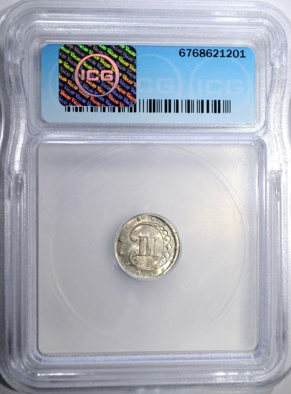 1853 3-CENT SILVER, ICG MS-65