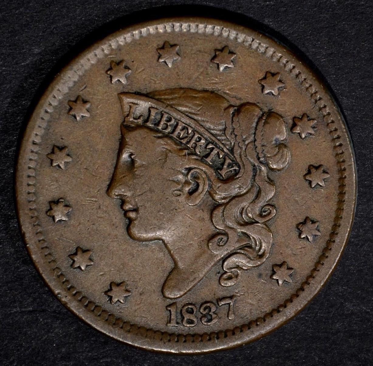 1837 LARGE CENT, VG/F