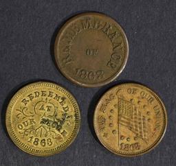 3 CIVIL WAR TOKENS; 1863 TROY, N.Y.,