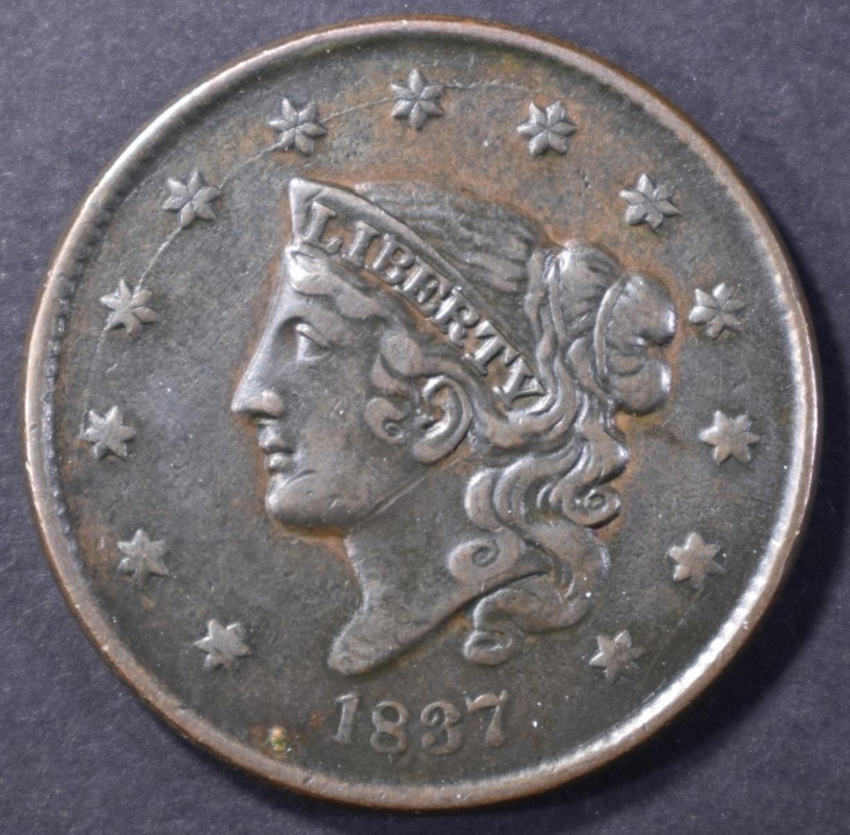 1837 LARGE CENT, XF/AU