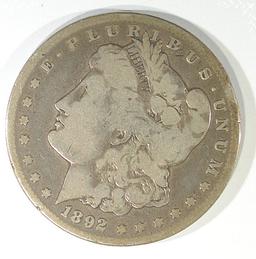 1892-CC MORGAN DOLLAR, VG/F