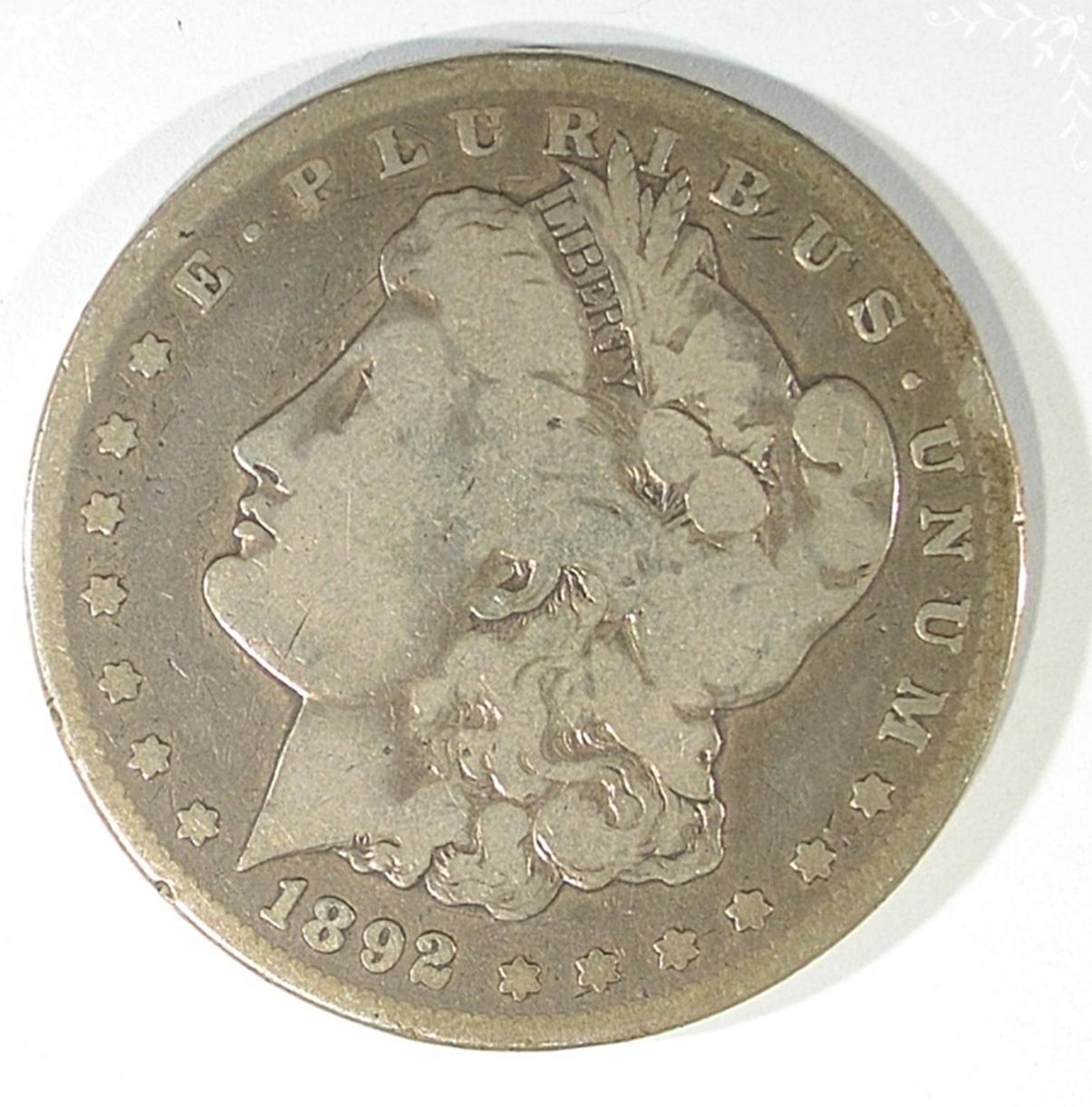 1892-CC MORGAN DOLLAR, VG/F
