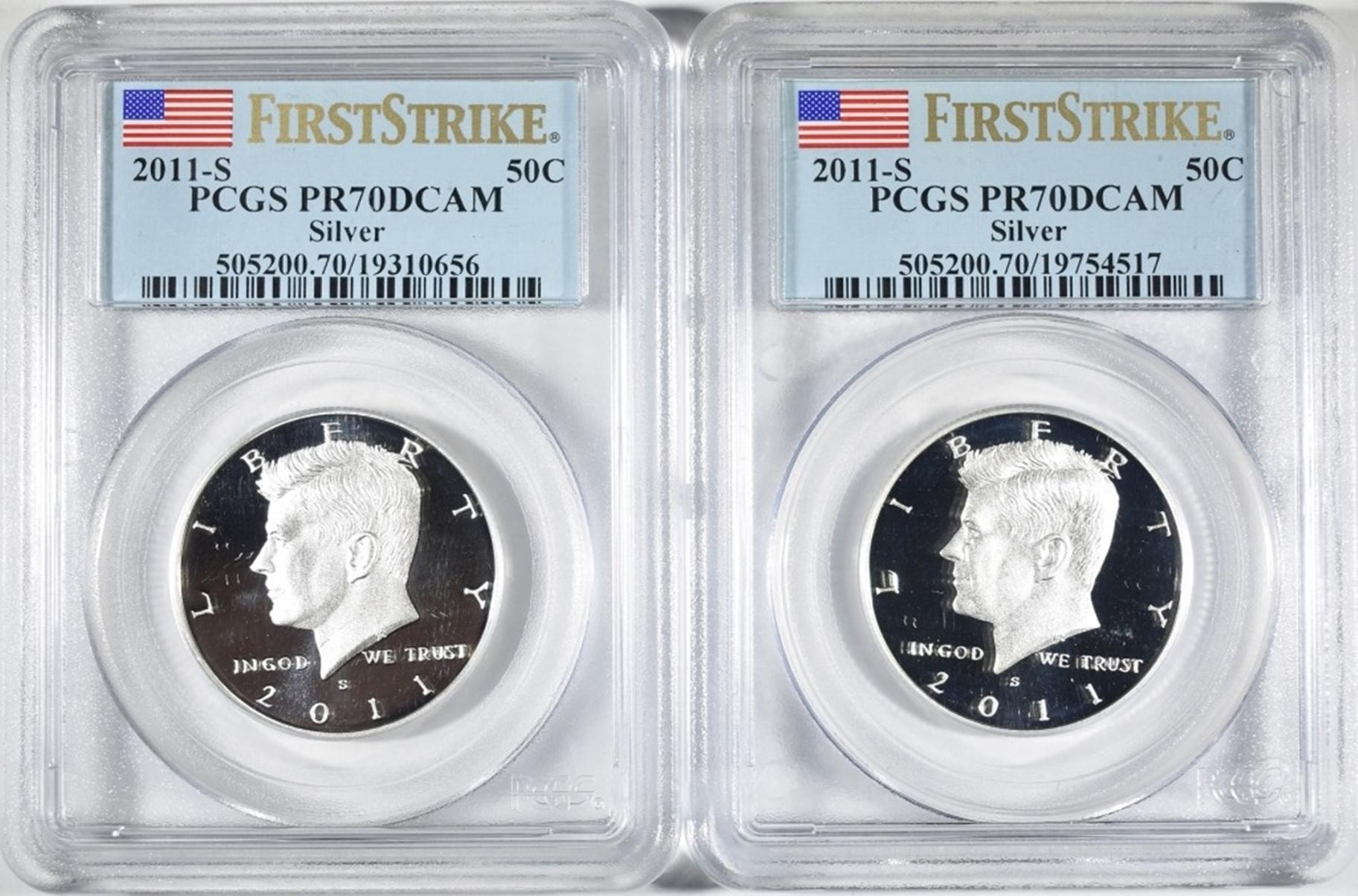 2-2011-S SILVER KENNEDY HALVES, PCGS PR-70 DCAM