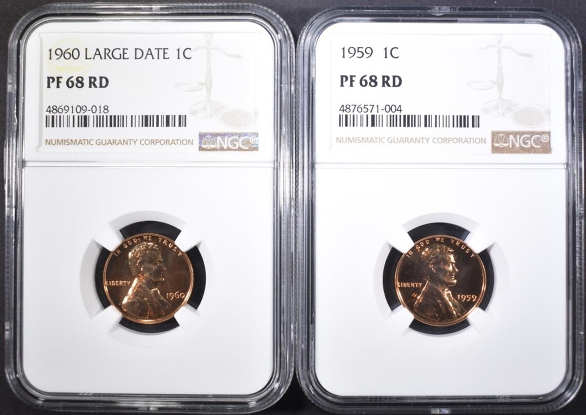 1959 & 60 LARGE DATE LINCOLN CENTS, NGC PF-68 RED