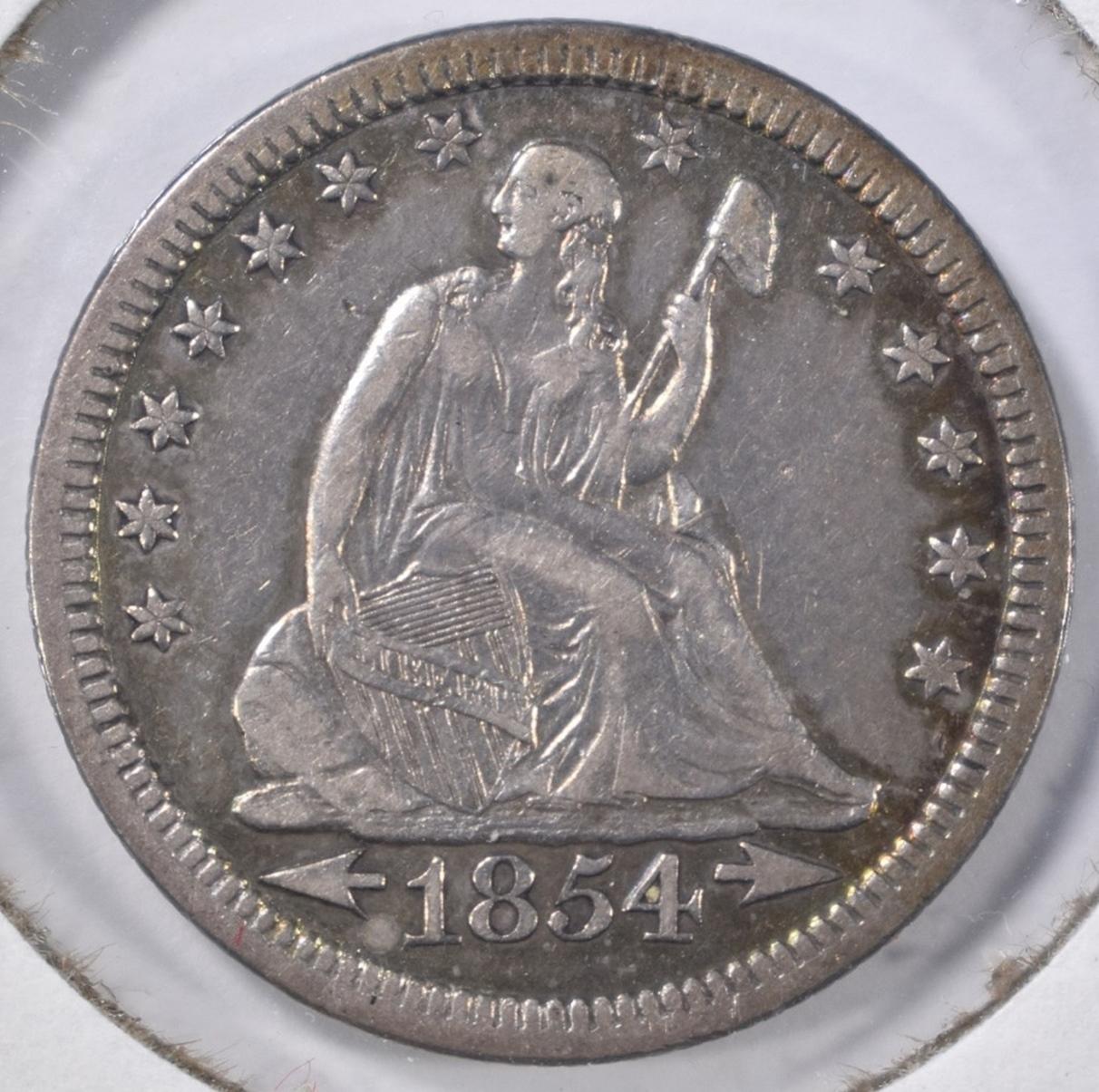 1854 ARROWS SEATED QUARTER, VF/XF