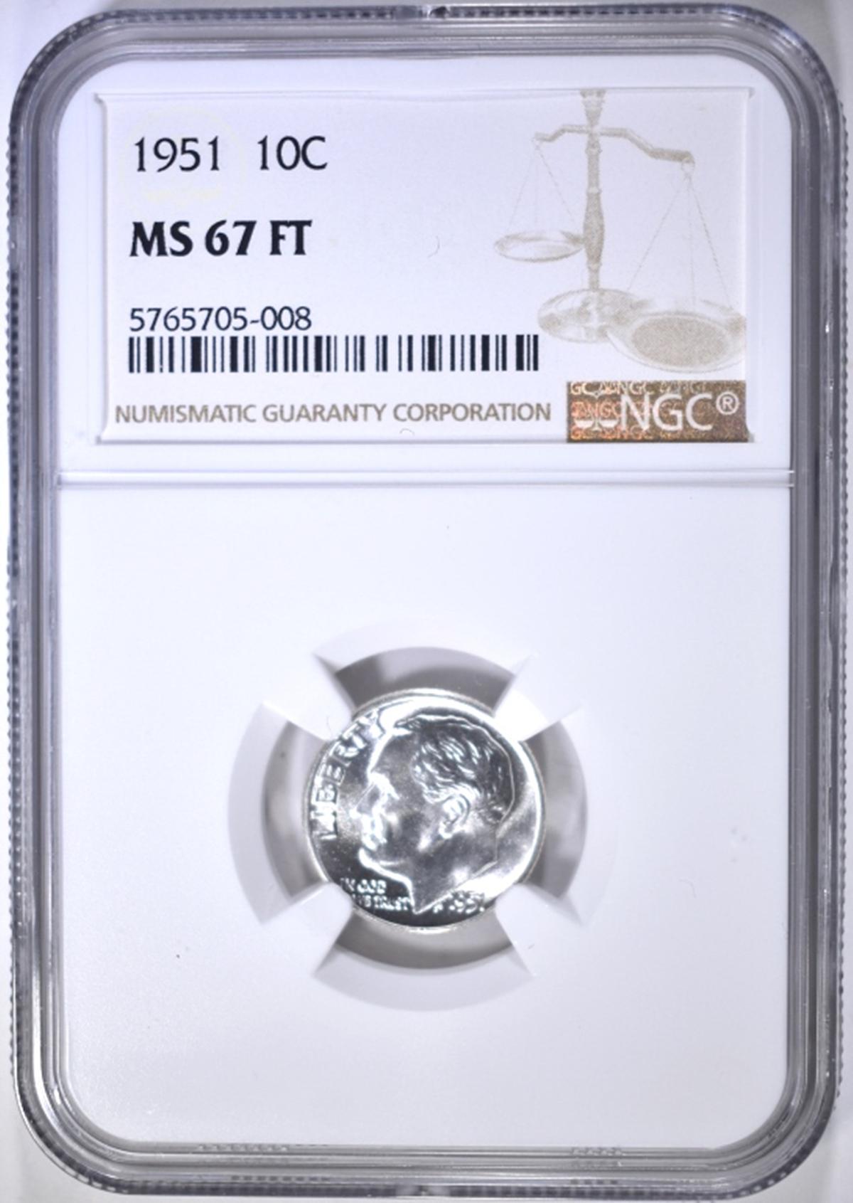 1951 ROOSEVELT DIME NGC MS-67 FT