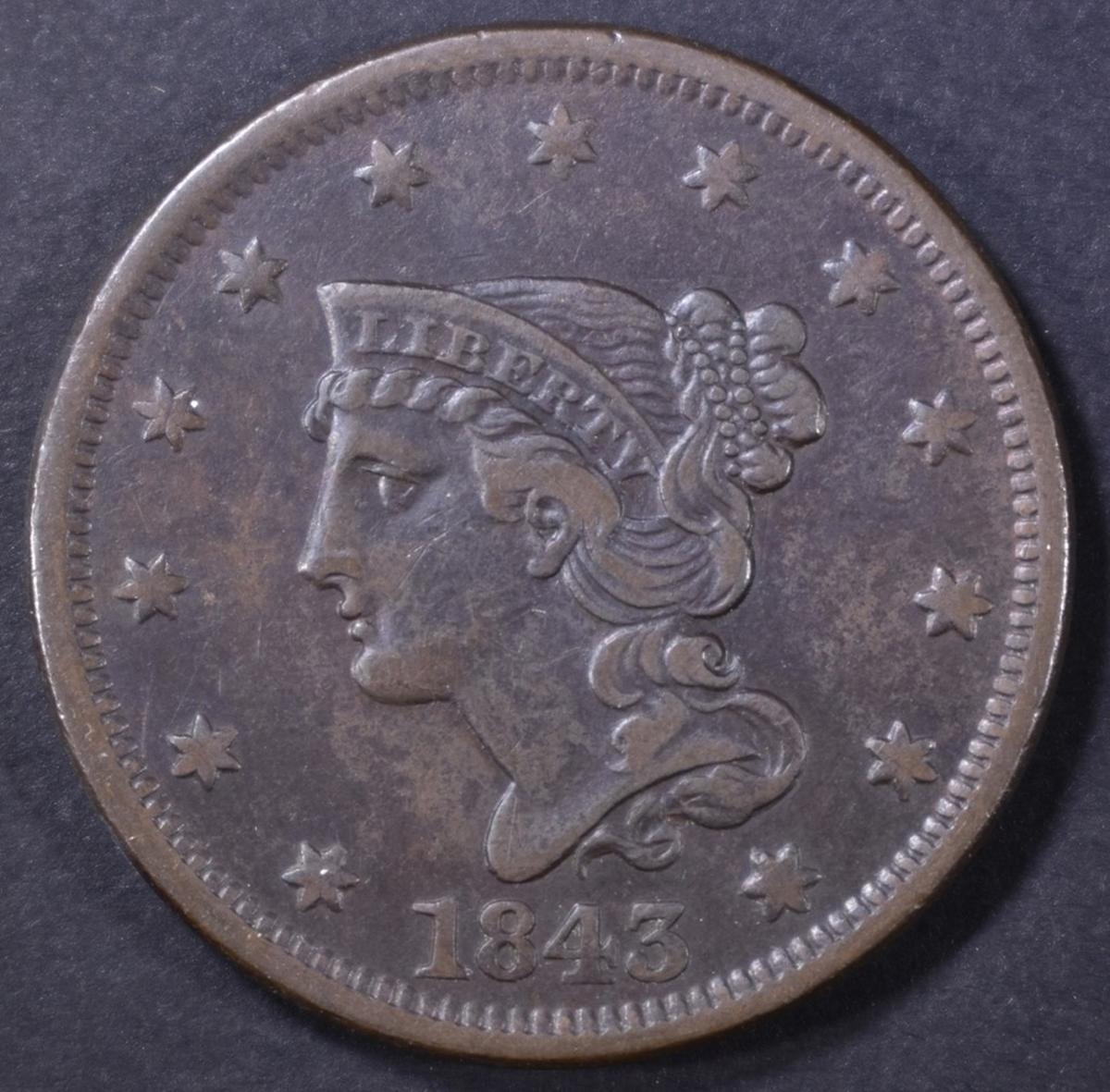 1843 LARGE CENT XF