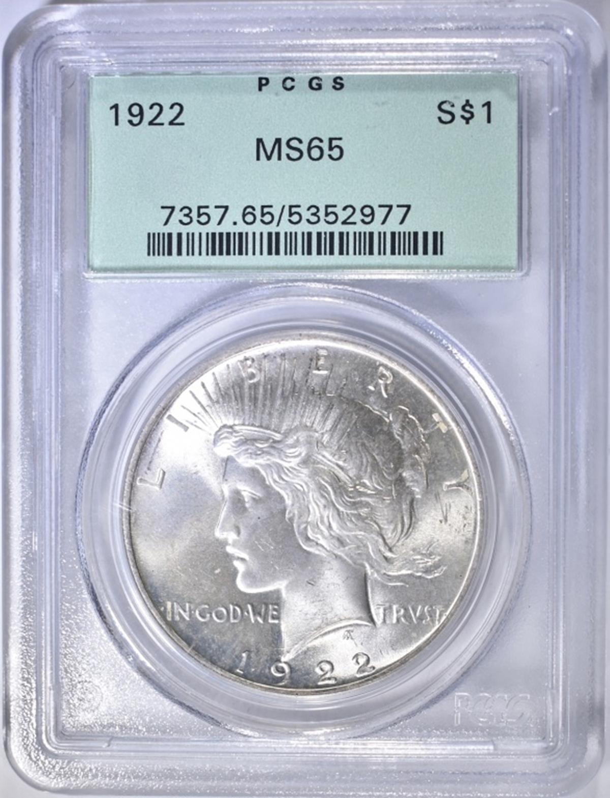 1922 PEACE DOLLAR  PCGS MS-65 OGH