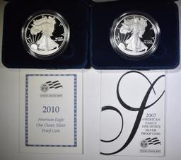 2007-W & 2010-W PROOF AMERICAN SILVER EAGLES  OGP