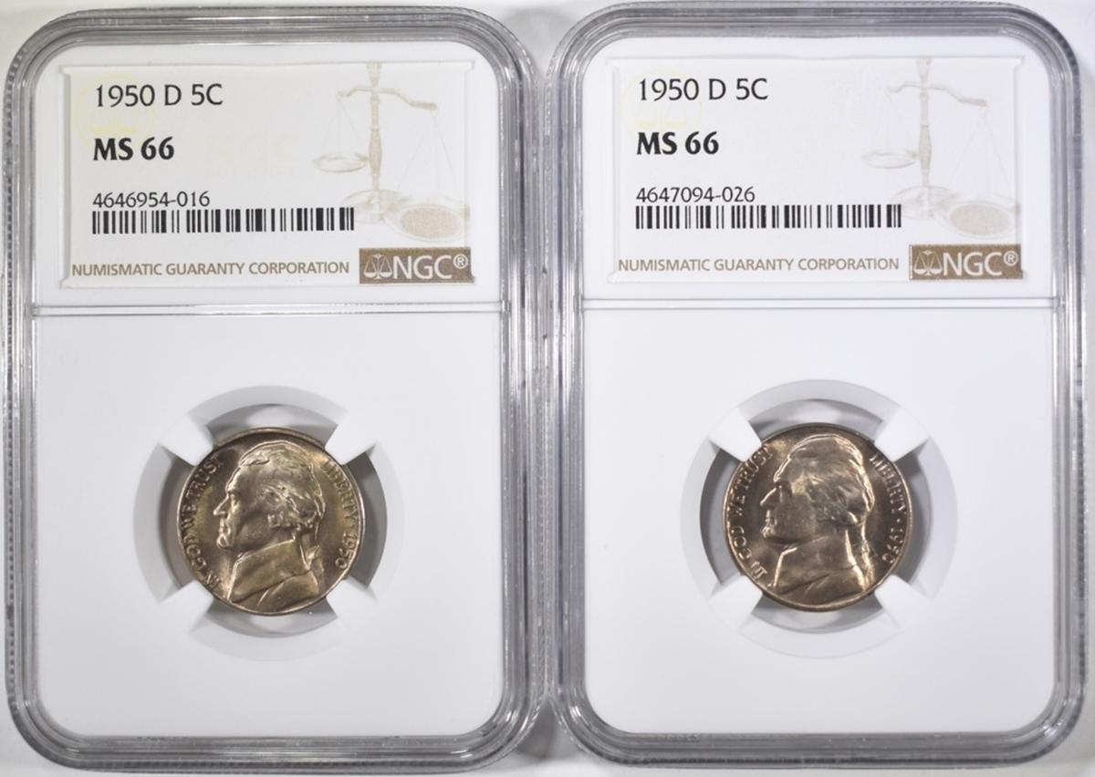 2-1950-D JEFFERSON NICKELS, NGC MS-66