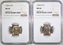 2-1950-D JEFFERSON NICKELS, NGC MS-66