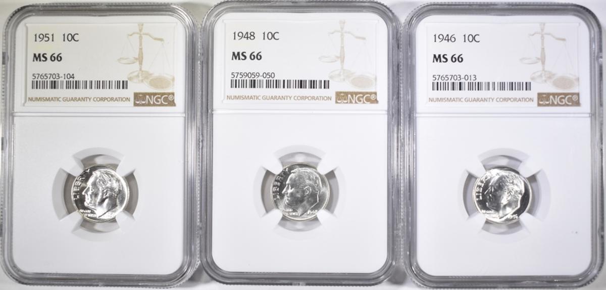 1946,48 & 51 ROOSEVELT DIMES, NGC MS-66