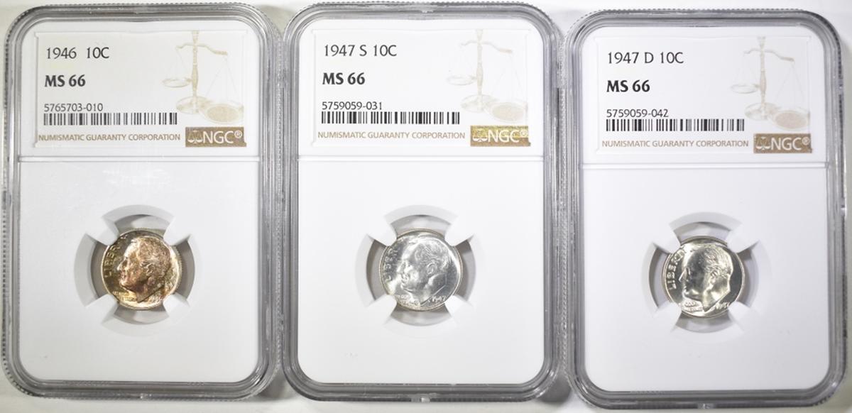 1946, 47-D & 47-S ROOSEVELT DIMES, NGC MS-66