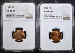 1936 & 1940 LINCOLN CENTS, NGC MS-66 RD