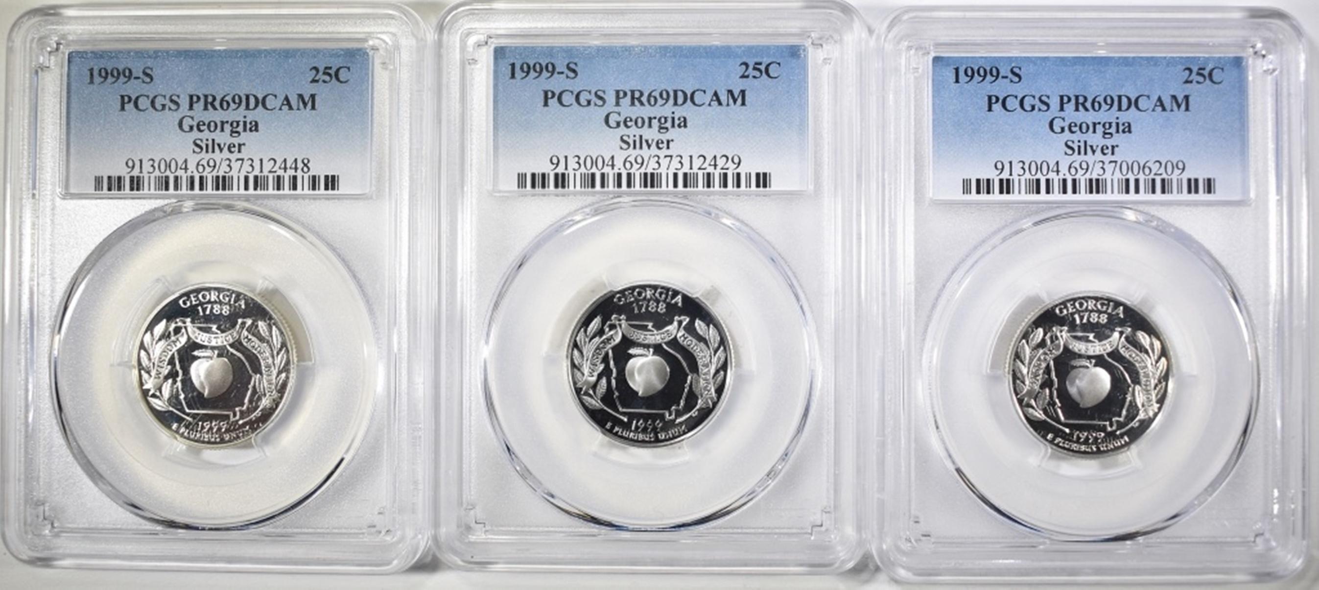 3- 1999-S SILVER GA STATE QTRS, PCGS PR-69 DCAM