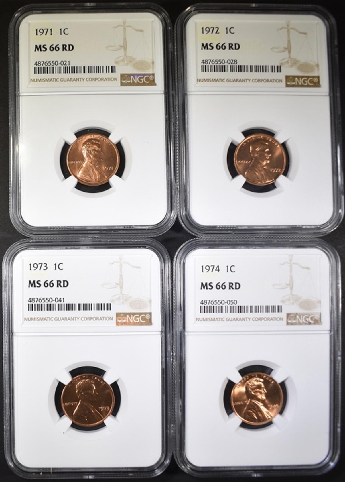 1971, 72, 73 & 74 LINCOLN CENTS, NGC MS-66 RED