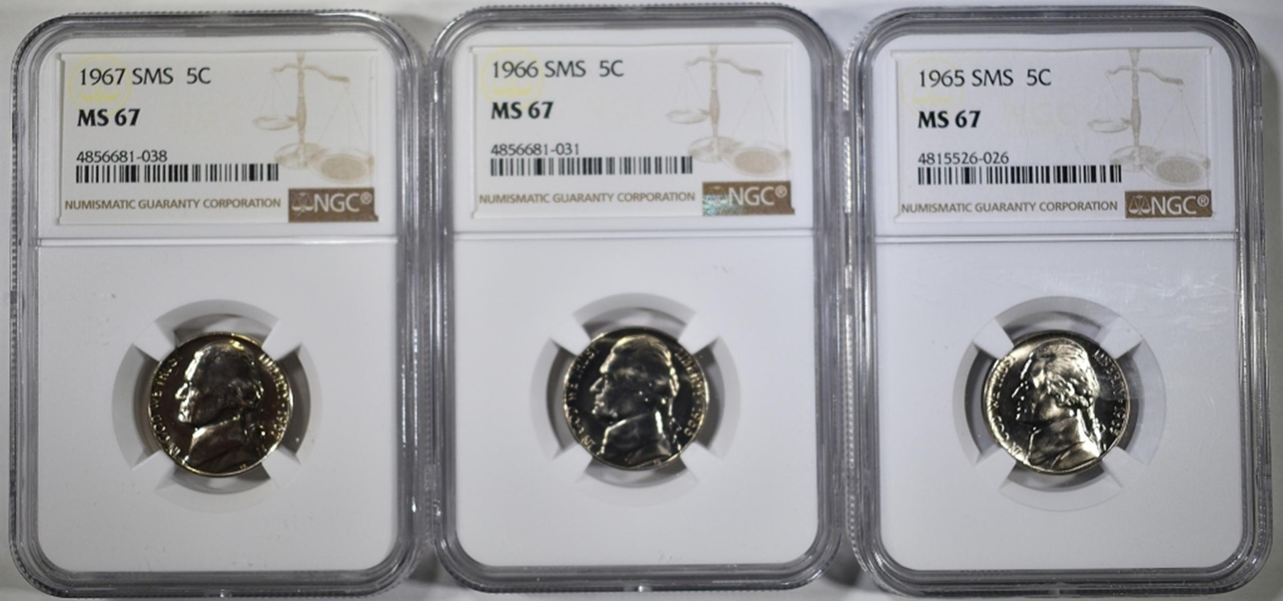 1965, 66 & 67 SMS JEFFERSON NICKELS, NGC MS-67