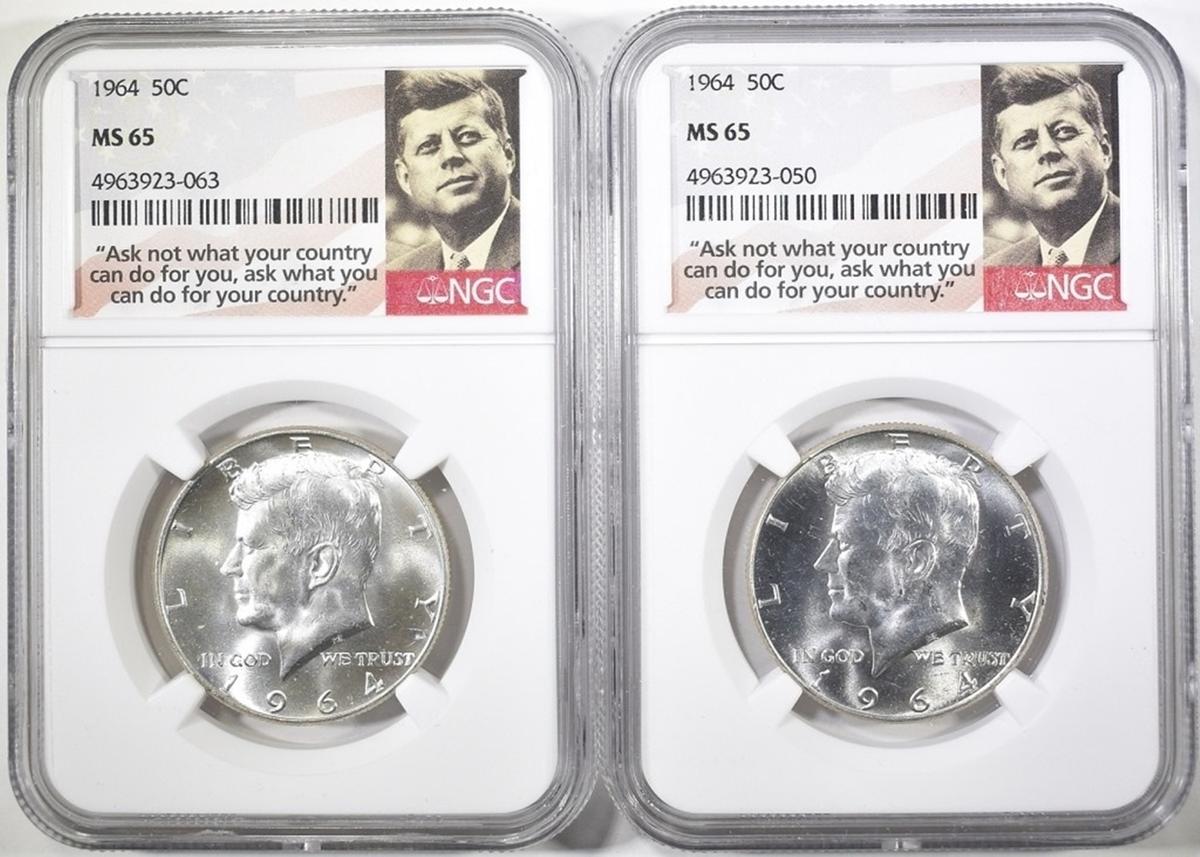 2-1964 KENNEDY HALF DOLLARS, NGC MS-65