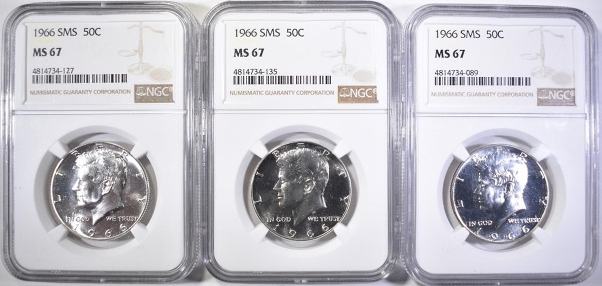 (3) 1966 SMS KENNEDY HALVES NGC MS 67