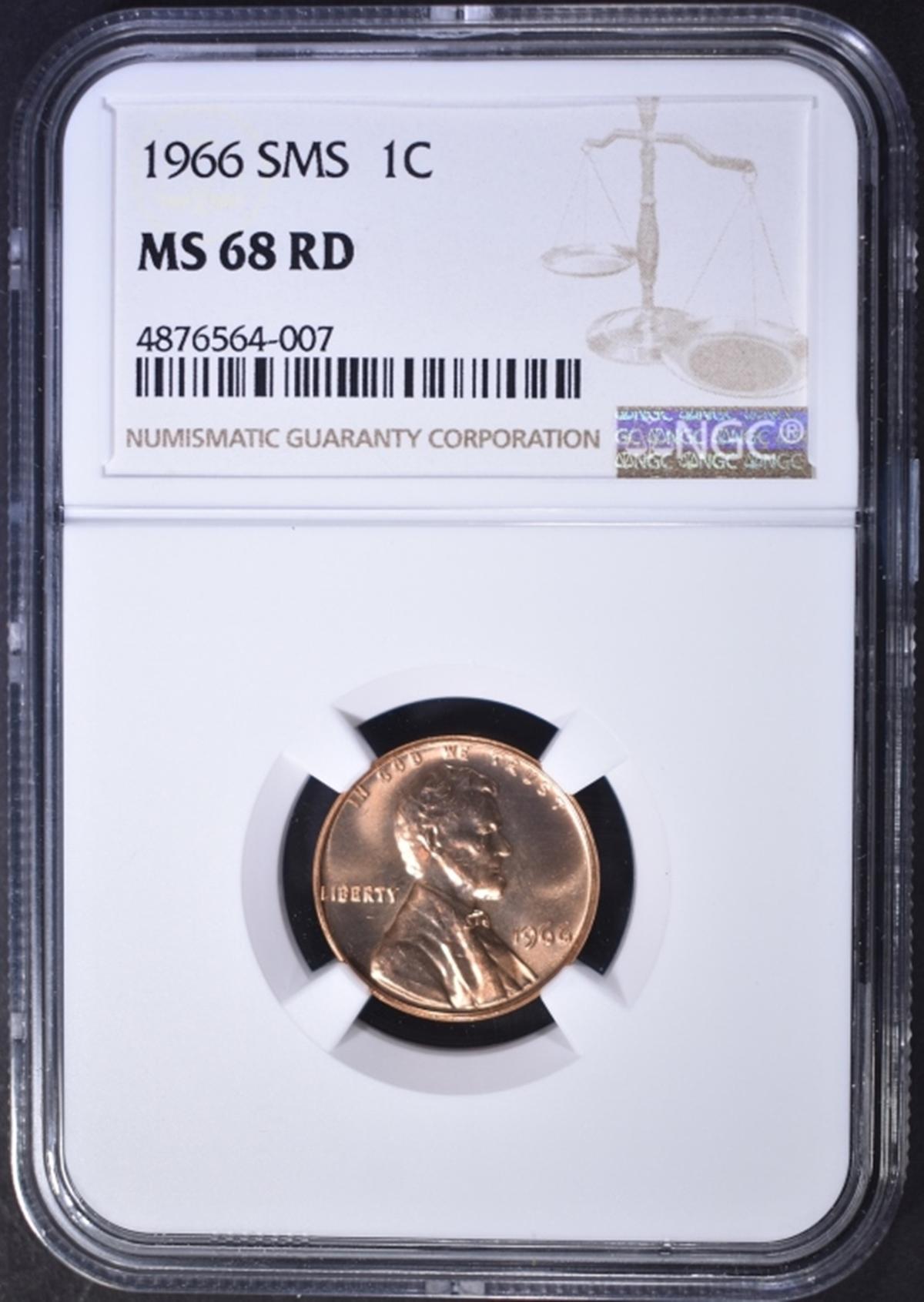 1966 SMS LINCOLN CENT, NGC MS-68 RED