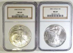 2000 & 01 SILVER EAGLES NGC MS-69