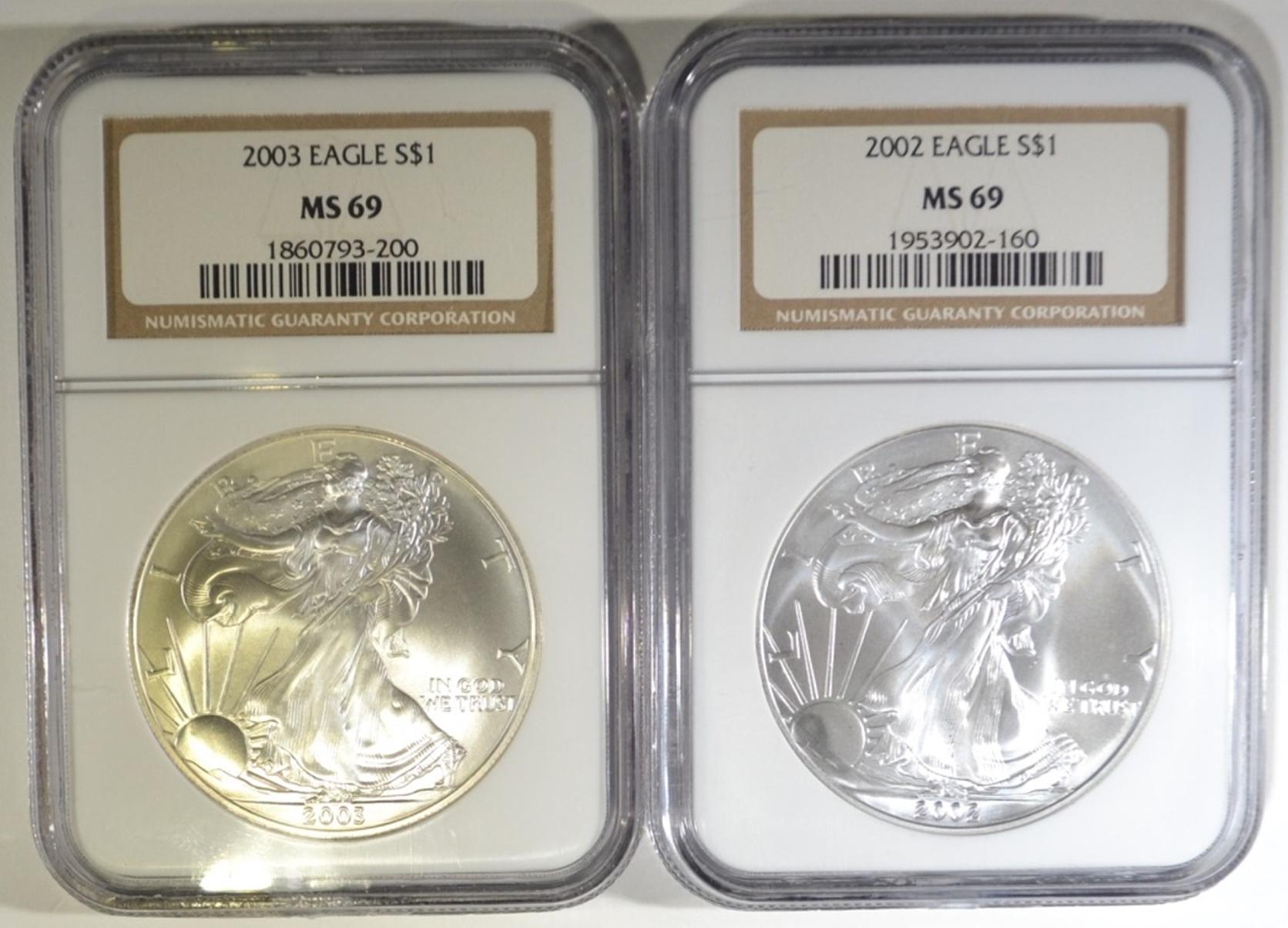 2002 & 03 SILVER EAGLES NGC MS-69