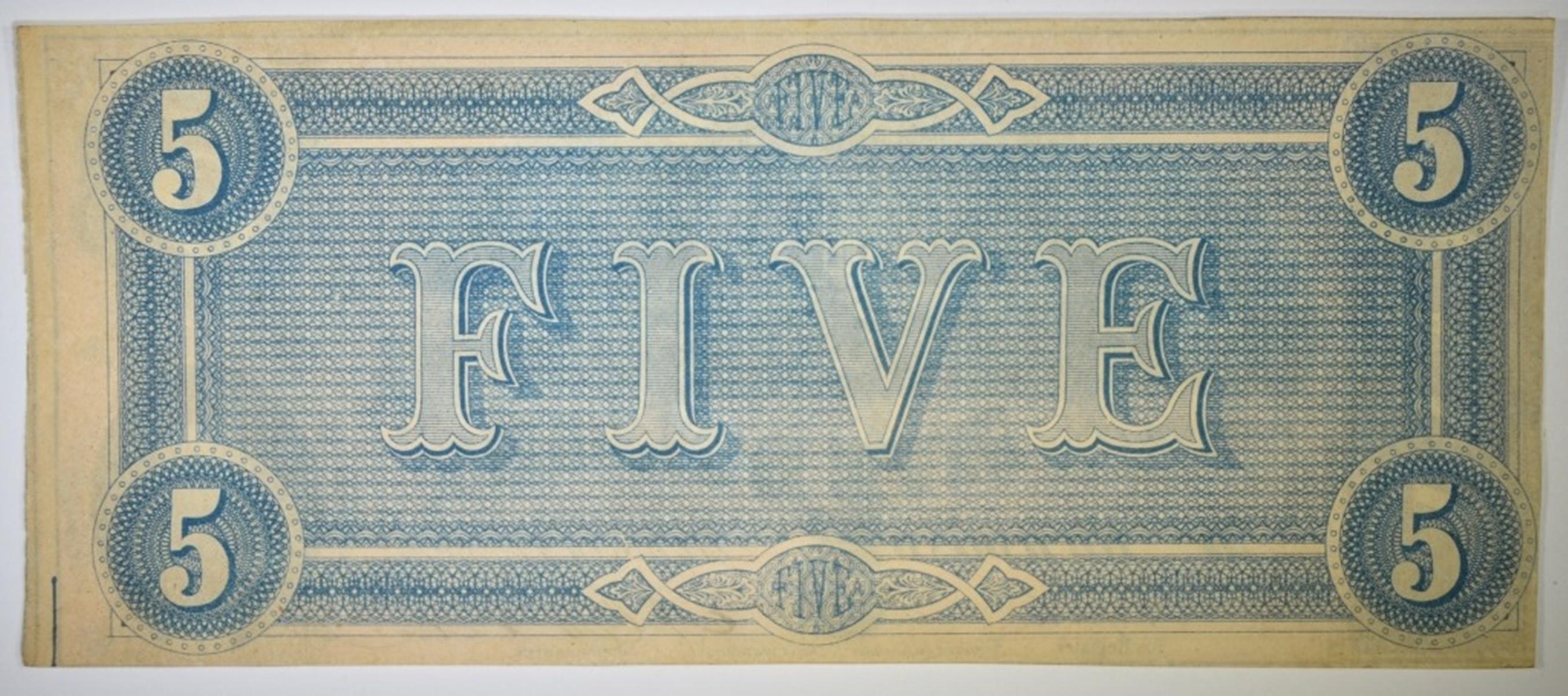 1864 $5 CONFEDERATE NOTE AU