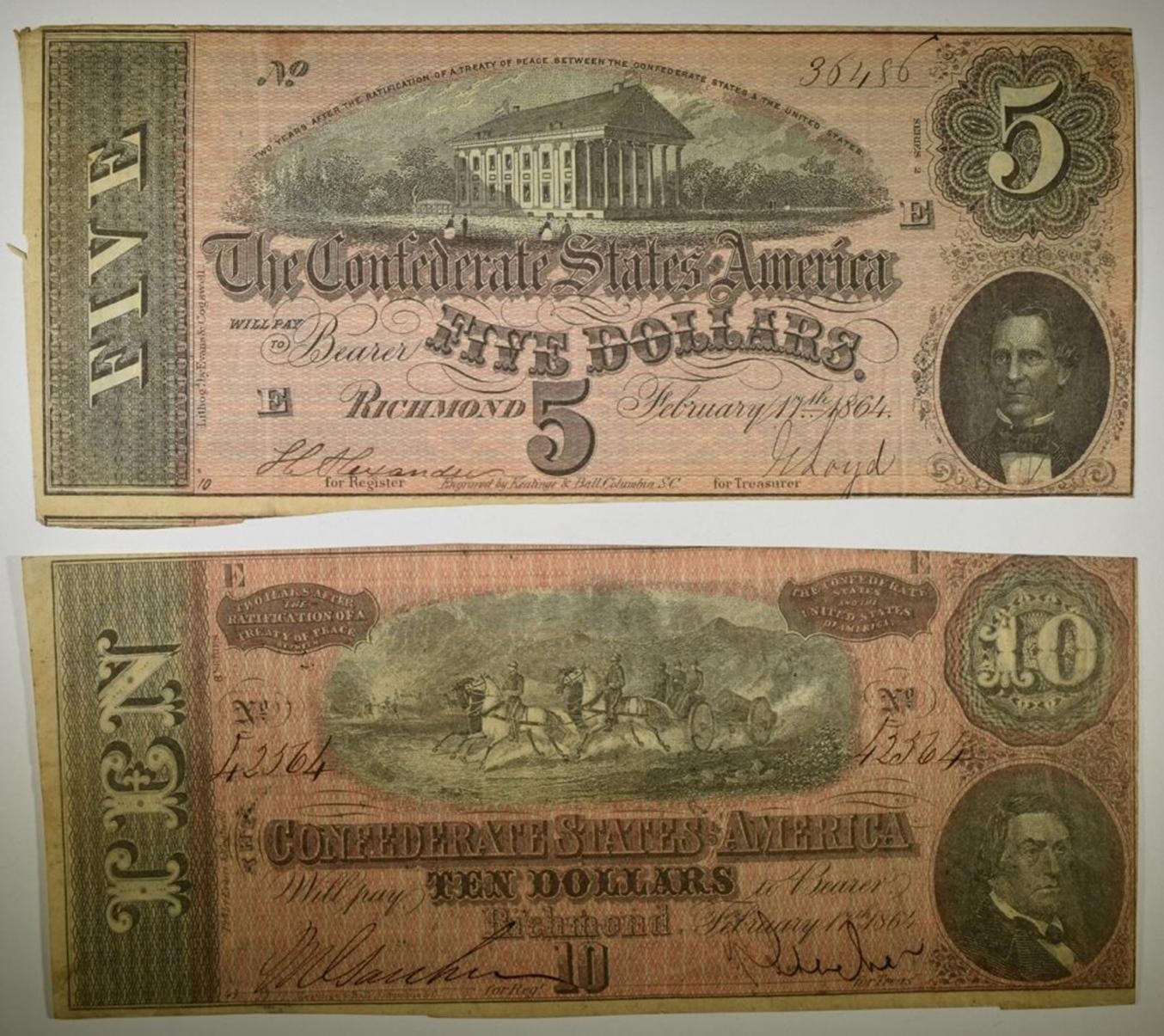 1864 $5 & $10 CONFEDERATE NOTES