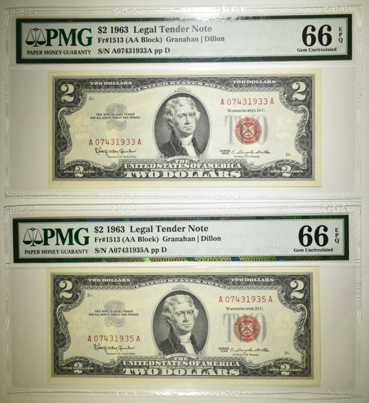 2-1963 $2.00 LEGAL TENDER NOTES, PMG 66 EPQ