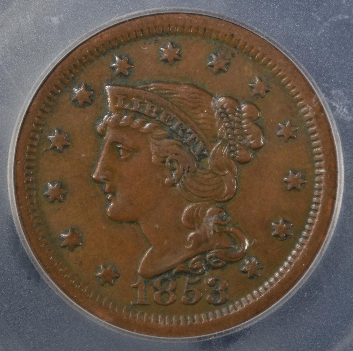 1853 LARGE CENT ICG AU-53