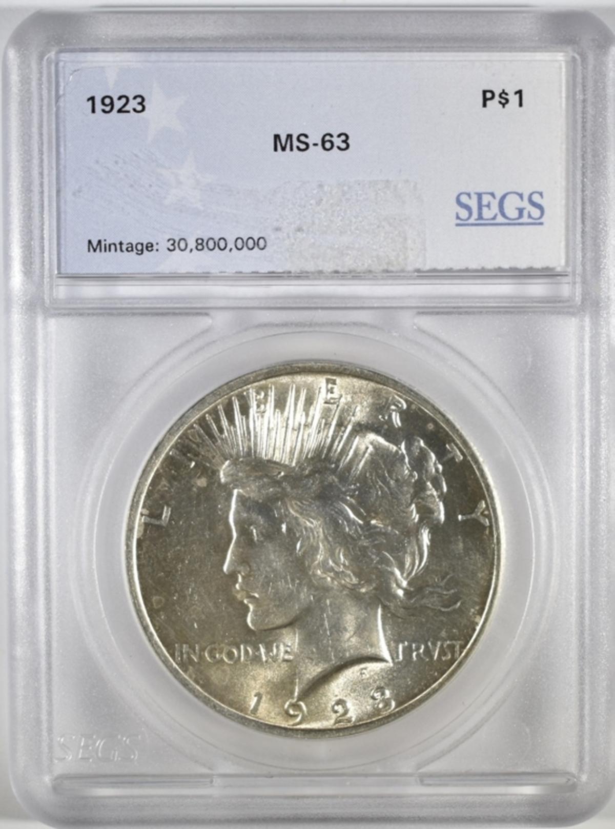 1923 PEACE DOLLAR, SEGS CH BU