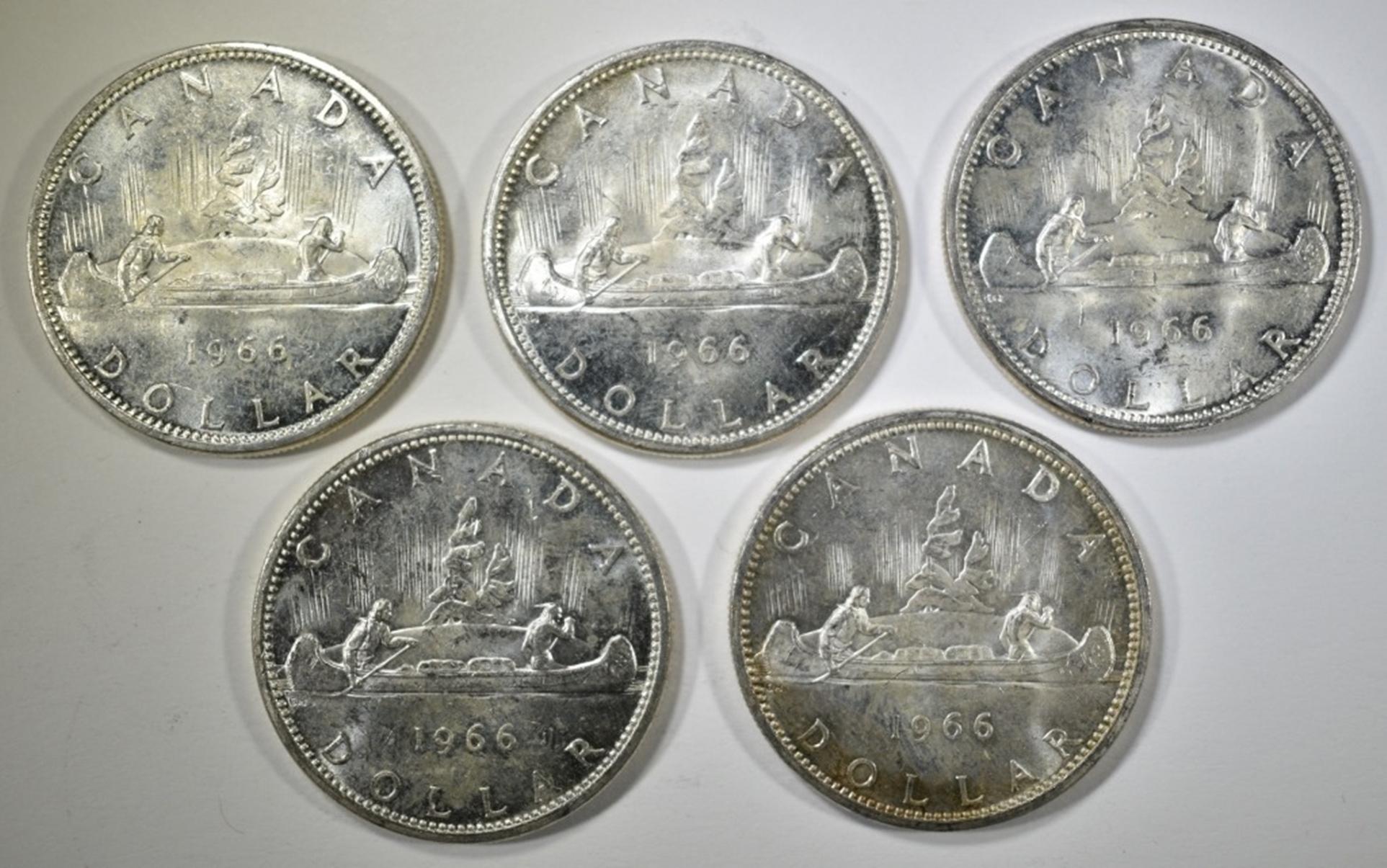 5-CH BU 1966 CANADIAN SILVER DOLLARS