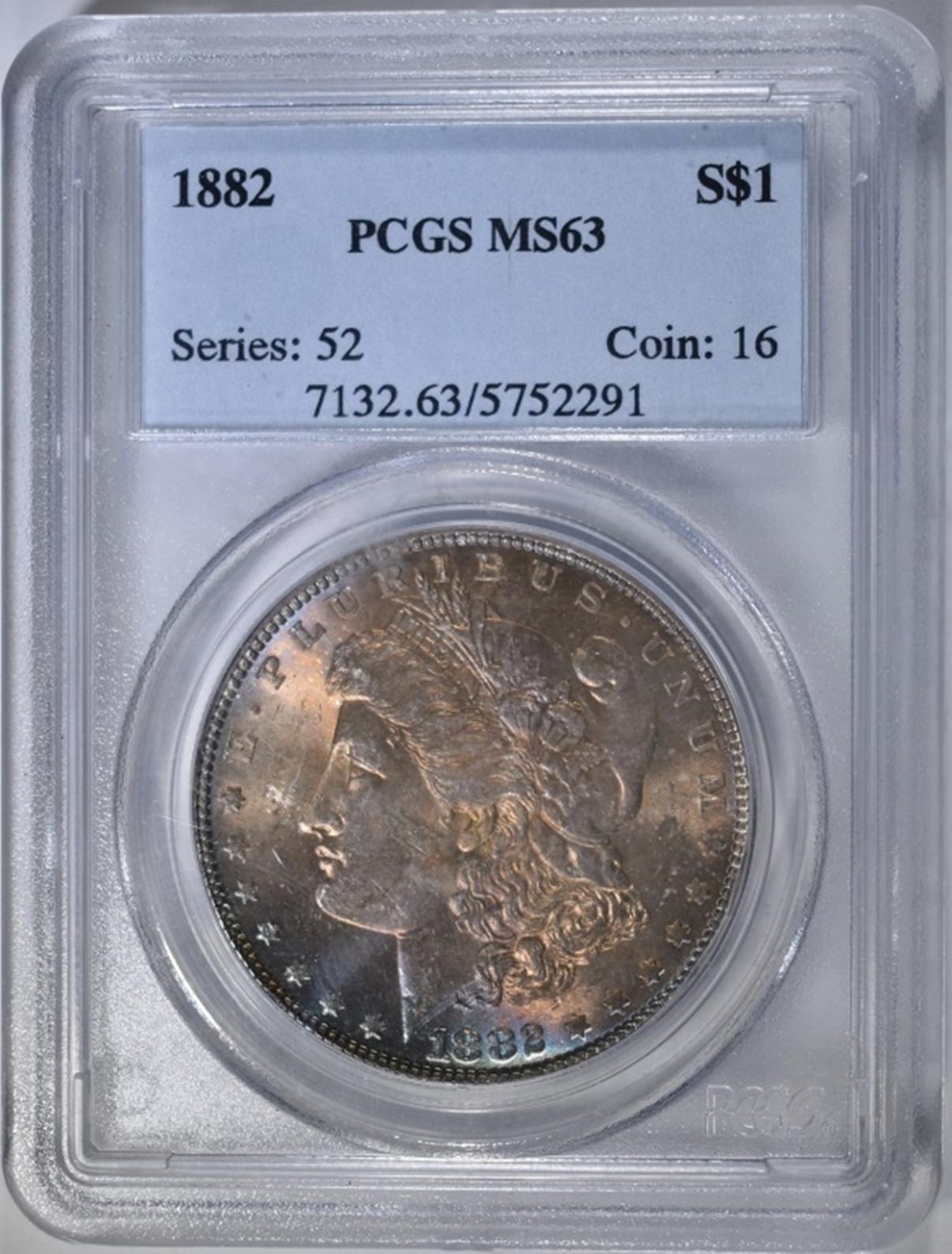 1882 MORGAN DOLLAR PCGS MS-63 RAINBOW TONE