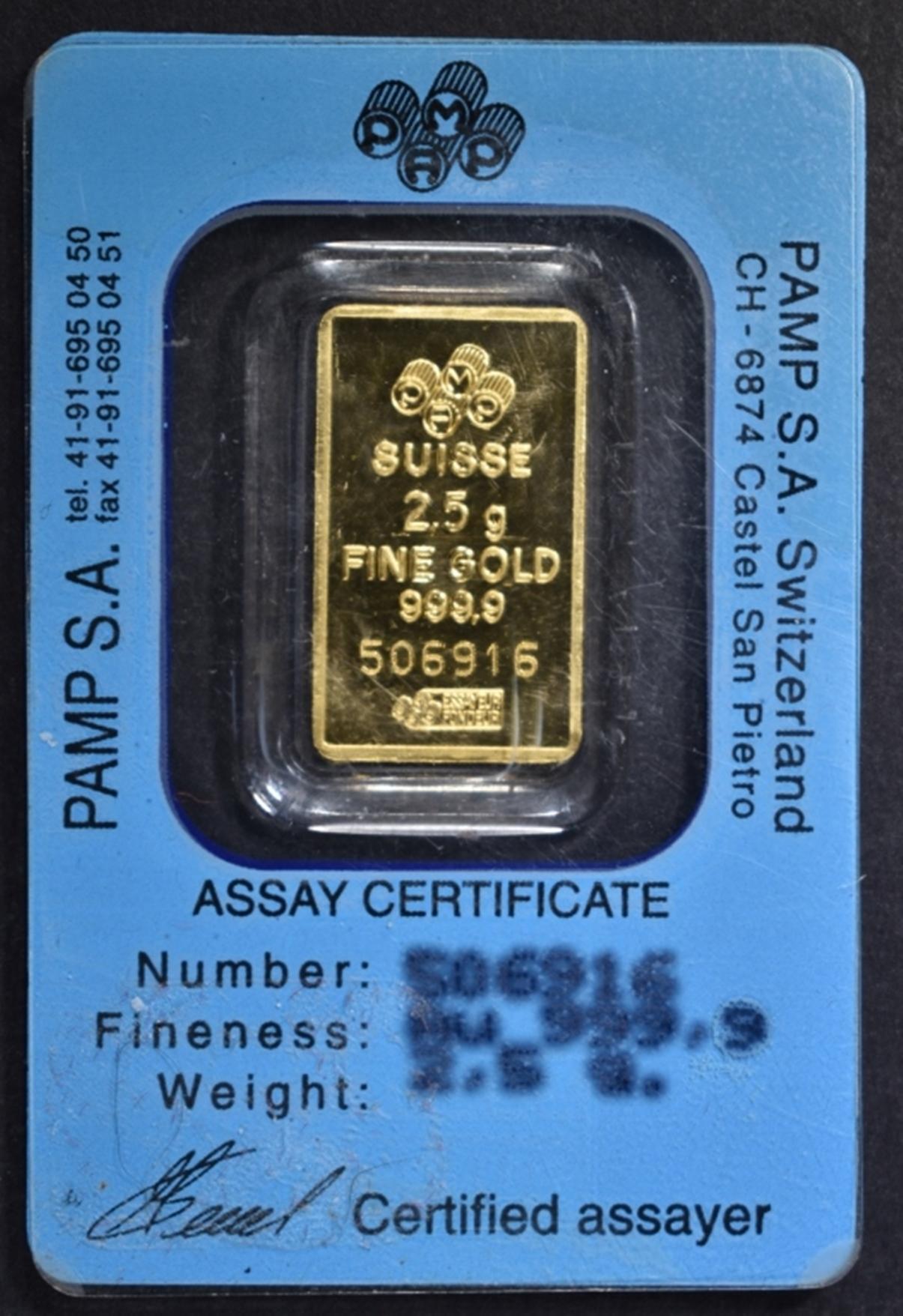 PAMP SUISSE 2.5 gram 999.9 GOLD BAR IN ASSAY