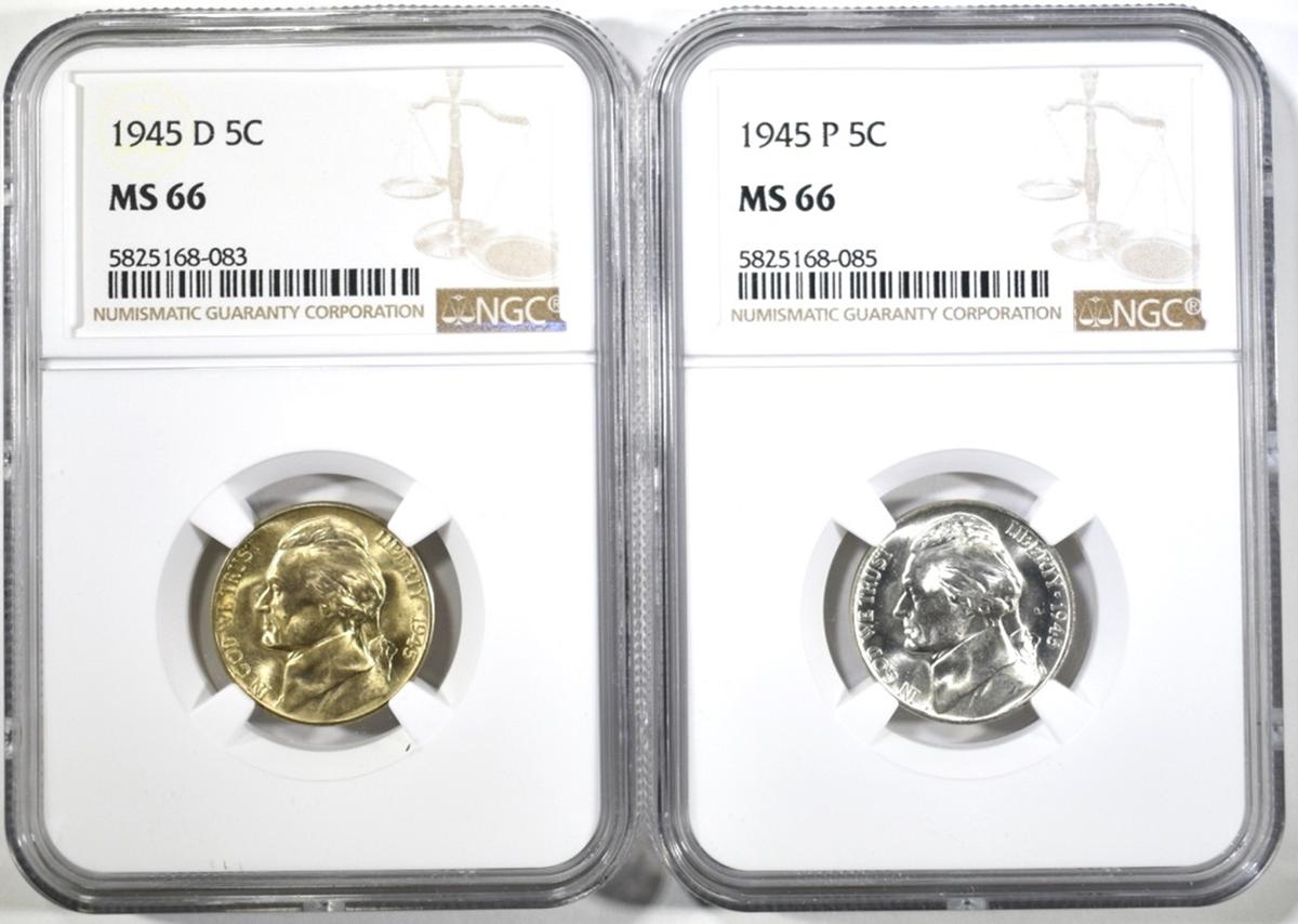 1945-P,D JEFFERSON NICKELS NGC MS-66