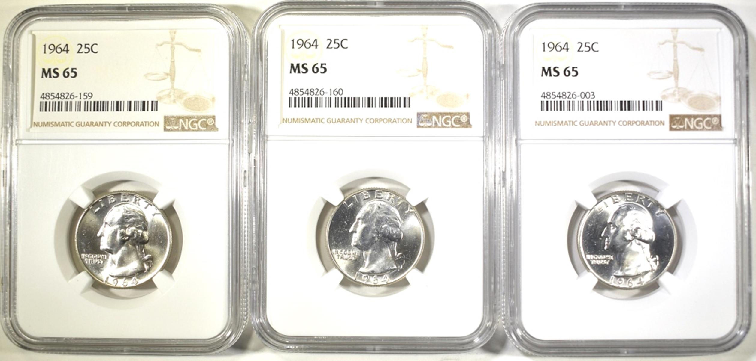 3-1964 WASHINGTON QUARTERS, NGC MS-65