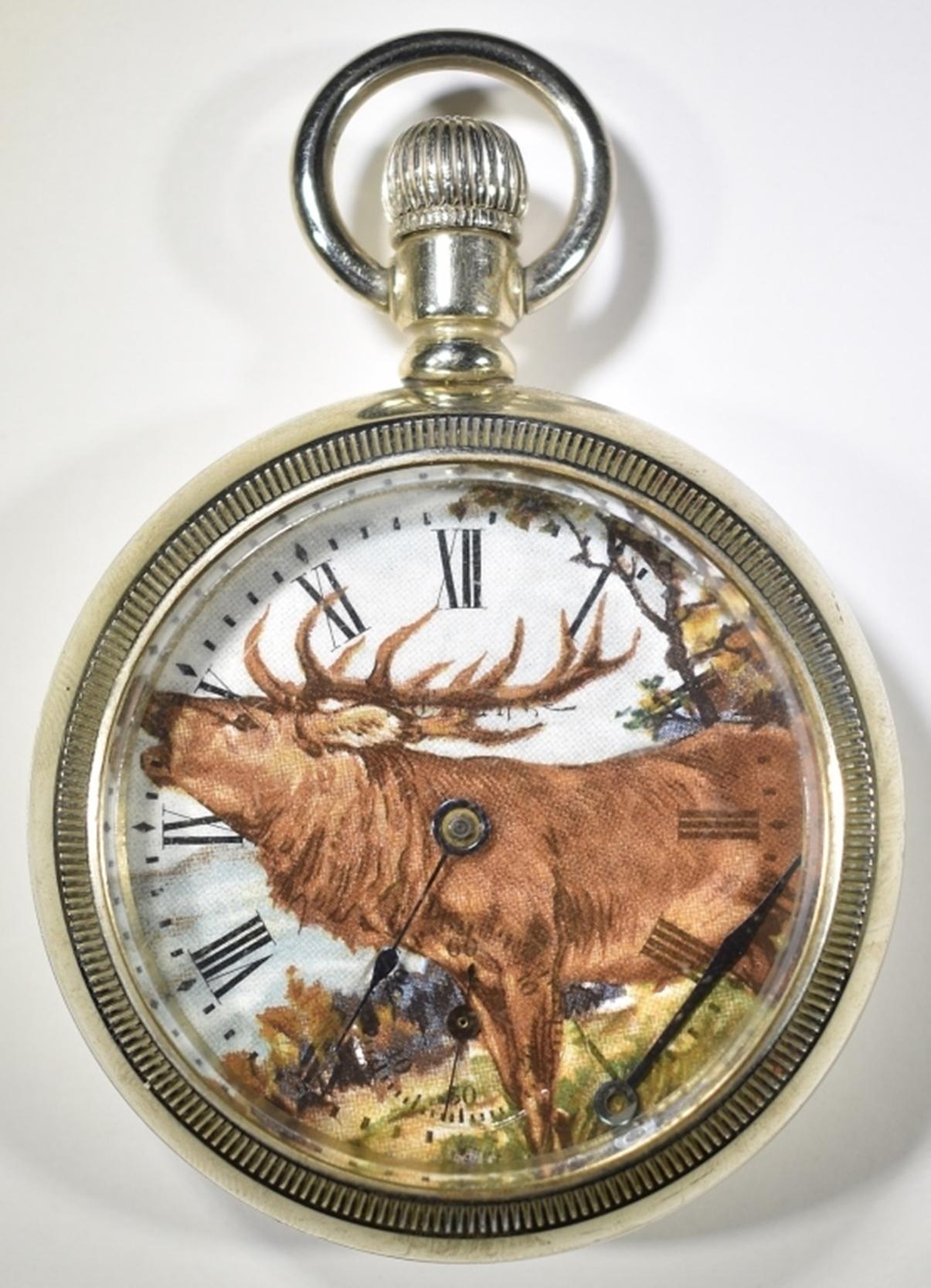 Silver Elgin open face pocket watch, Elk,