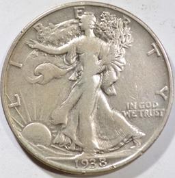 1938-D WALKING LIBERTY HALF DOLLAR, VF