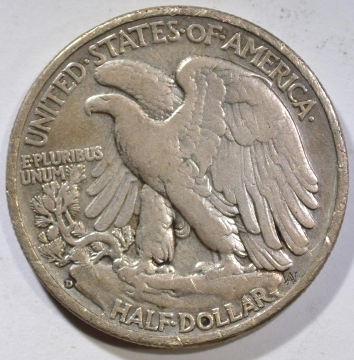 1938-D WALKING LIBERTY HALF DOLLAR, VF