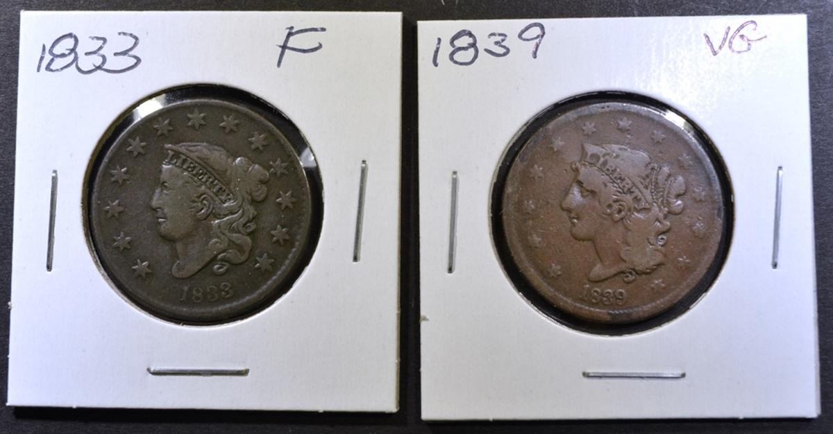 1833 FINE, & 1839 VG LARGE CENTS