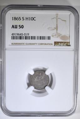 1865-S SEATED LIBERTY HALF DIME NGC AU-50