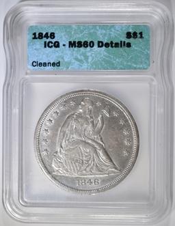 1846 SEATED DOLLAR, ICG MS-60 cleaned