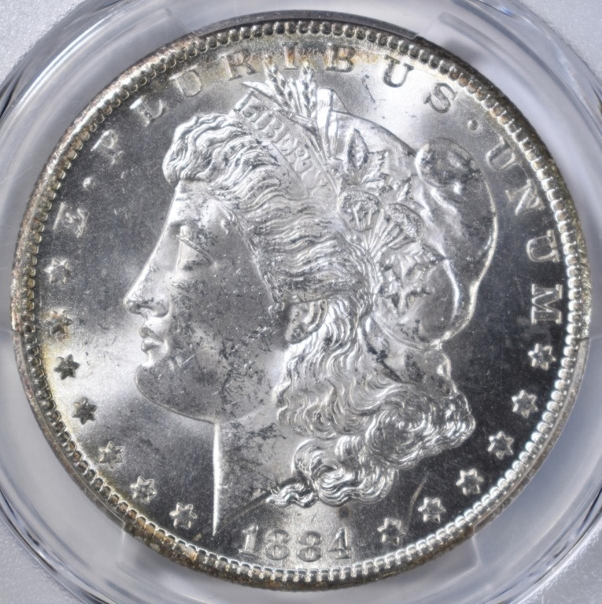 1884-CC MORGAN DOLLAR, PCGS MS-63 REV COLOR