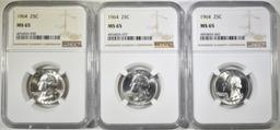 3-1964 WASHINGTON QUARTERS, NGC MS-65