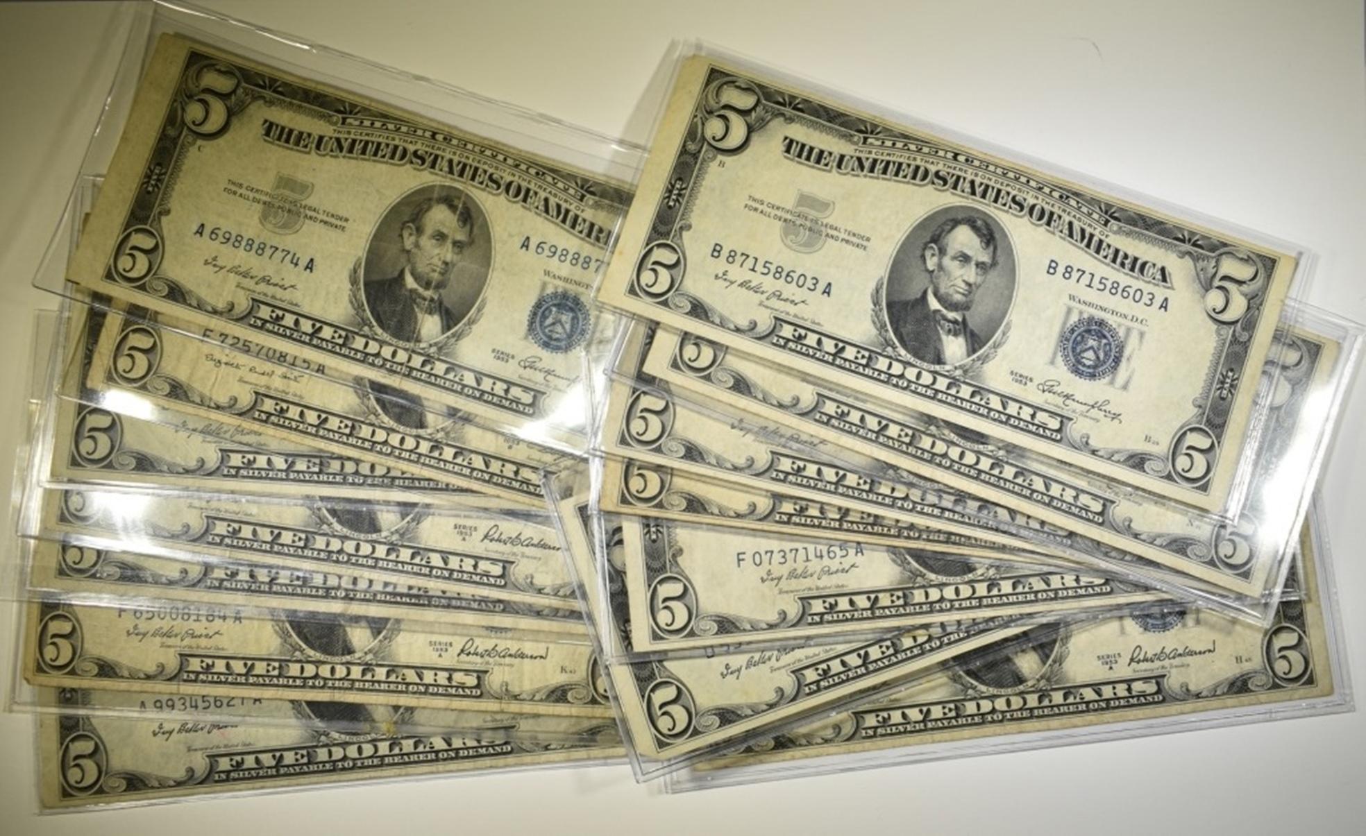 15-1953 $5.00 SILVER CERTIFICATES ALL IN SLEEVES