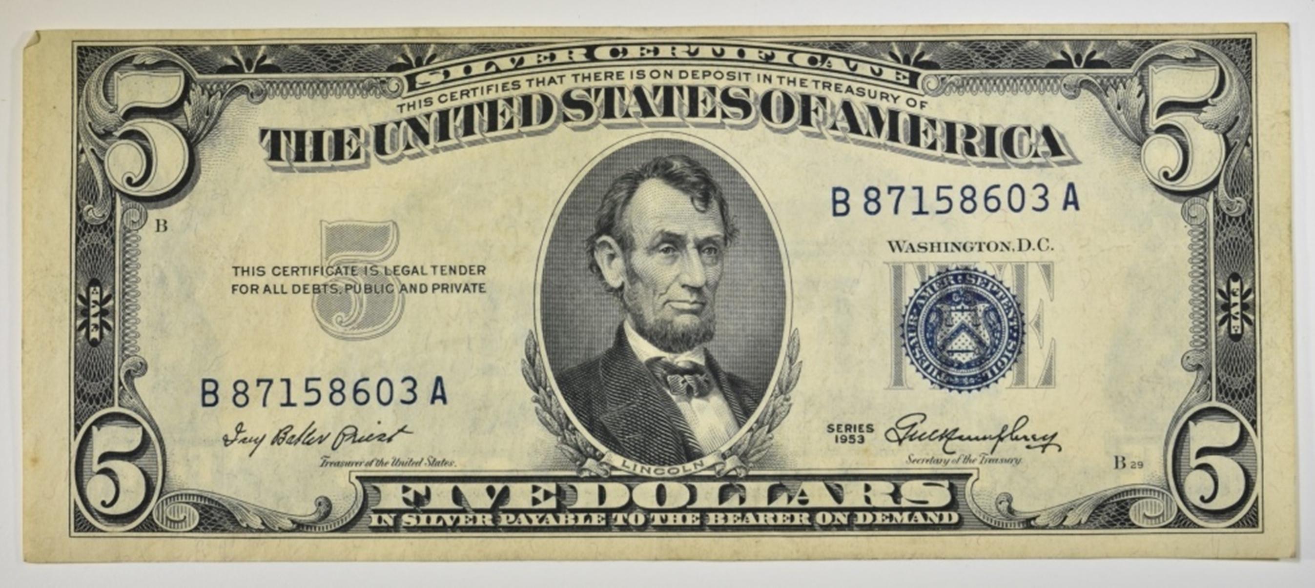 15-1953 $5.00 SILVER CERTIFICATES ALL IN SLEEVES