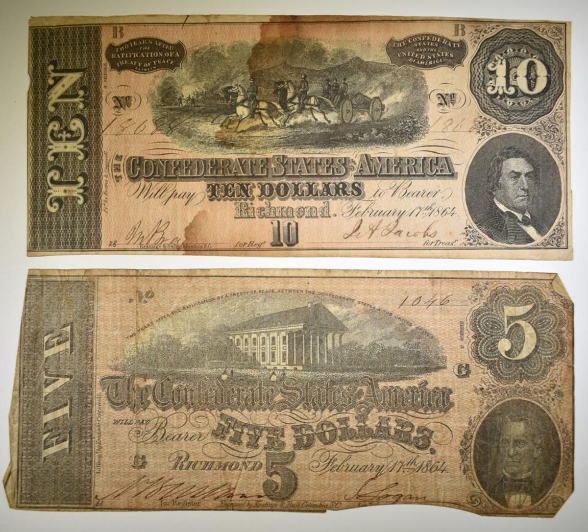 1864 $5 & $10 CONFEDERATE NOTES